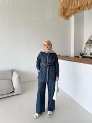 Fermuar Detaylı Yıkamasız Kot Tunik Pantolon Takım ( 4 mevsim kumaş )