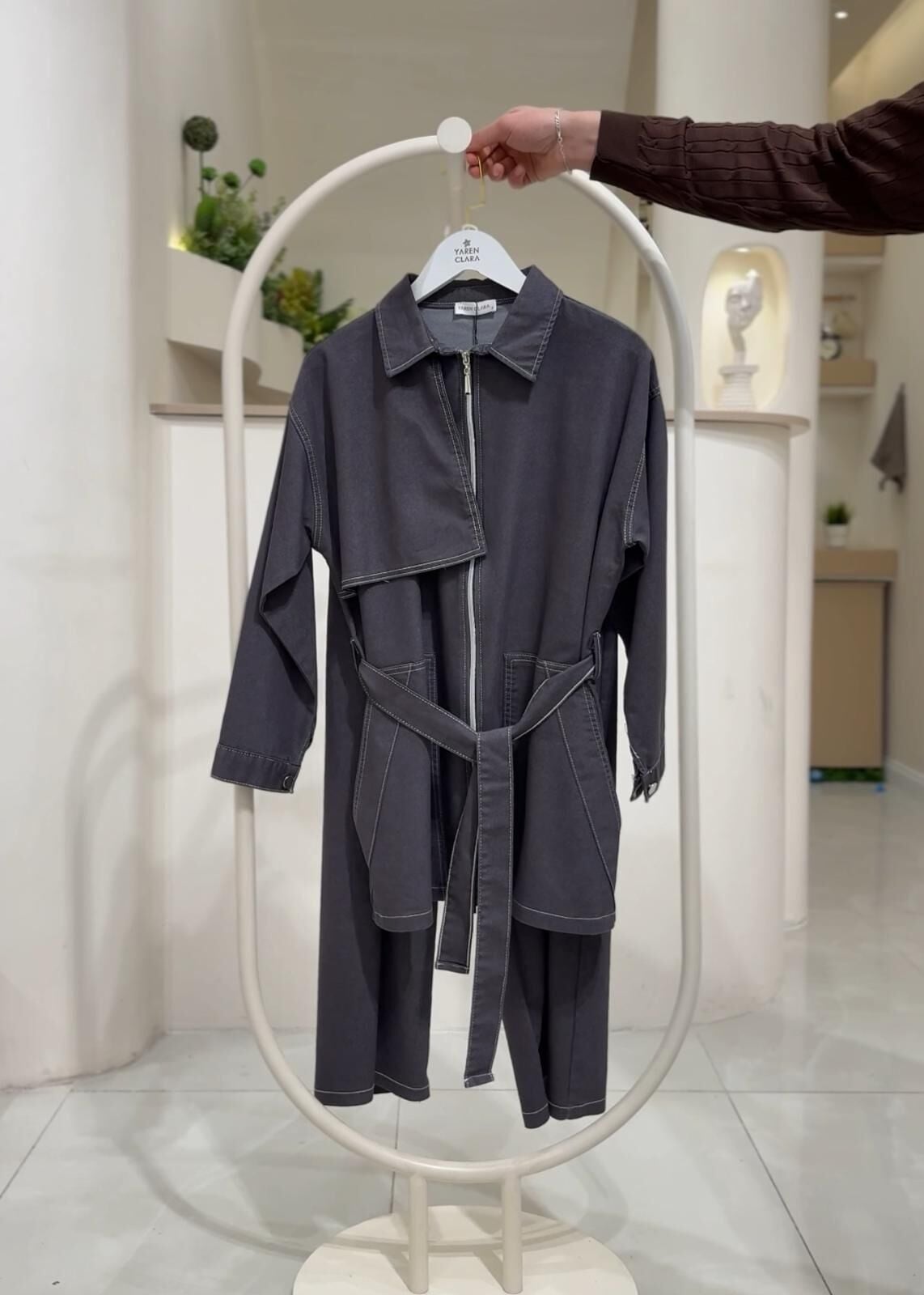 Fermuar Detaylı Yıkamasız Kot Tunik Pantolon Takım