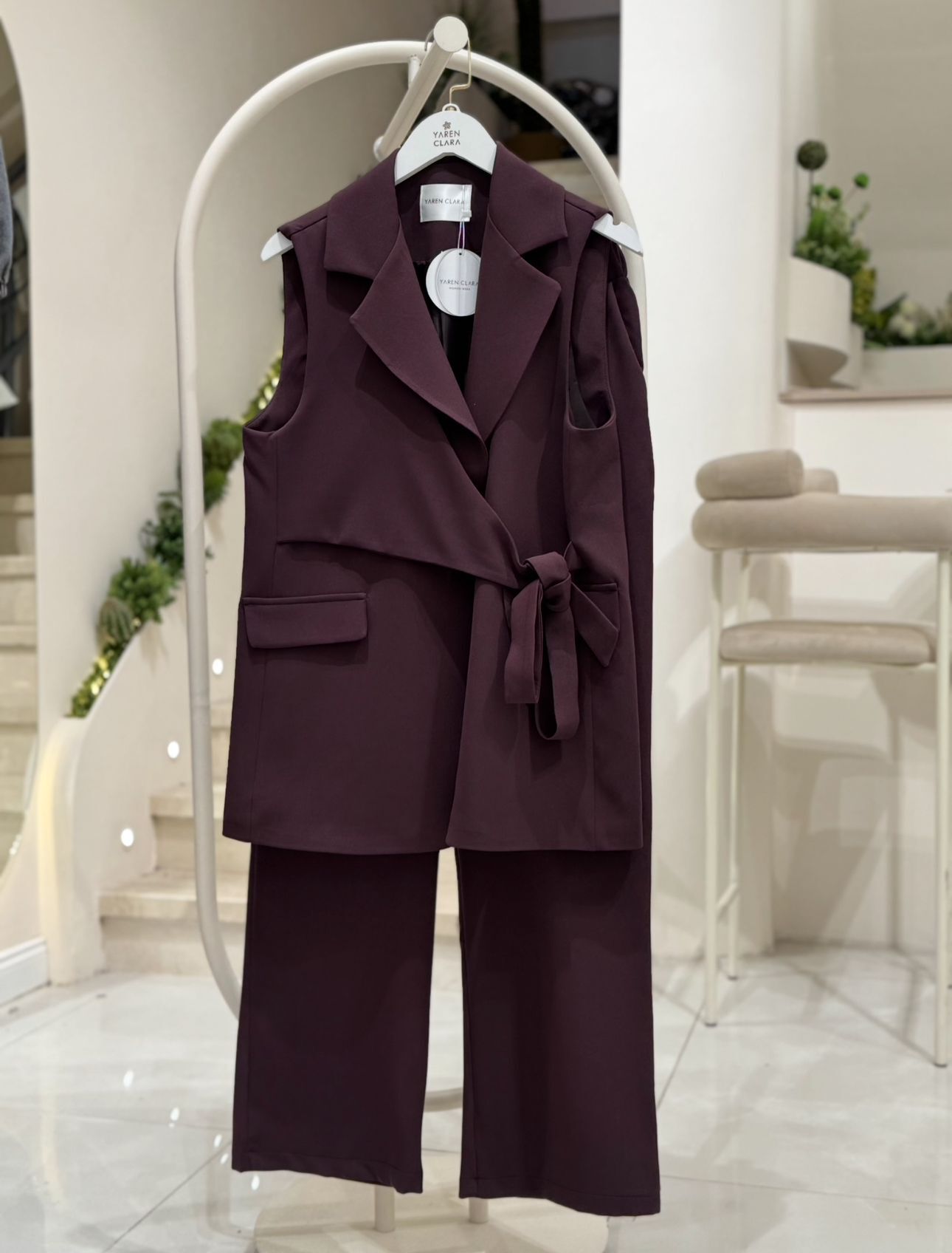 Astarlı Yelek ve Beli Lastikli Pantolon Takım MÜRDÜM - 38-40