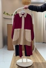 Renk Bloklu Tunik & Lastik Bel Pantolon Takımı BORDO - 46