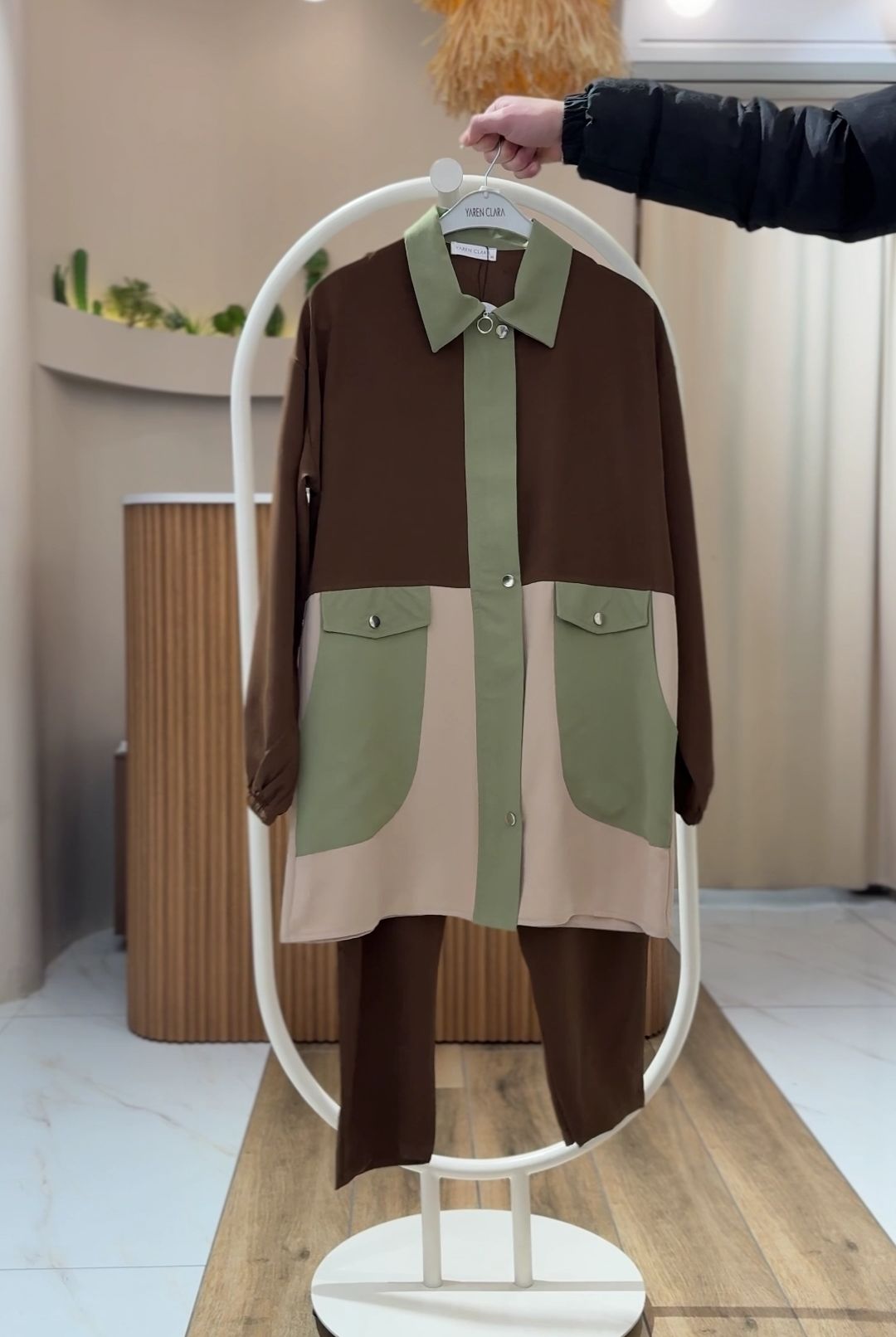 Renk Bloklu Tunik & Lastik Bel Pantolon Takımı KAHVE - 38