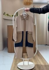 Renk Bloklu Tunik & Lastik Bel Pantolon Takımı KREM - 46