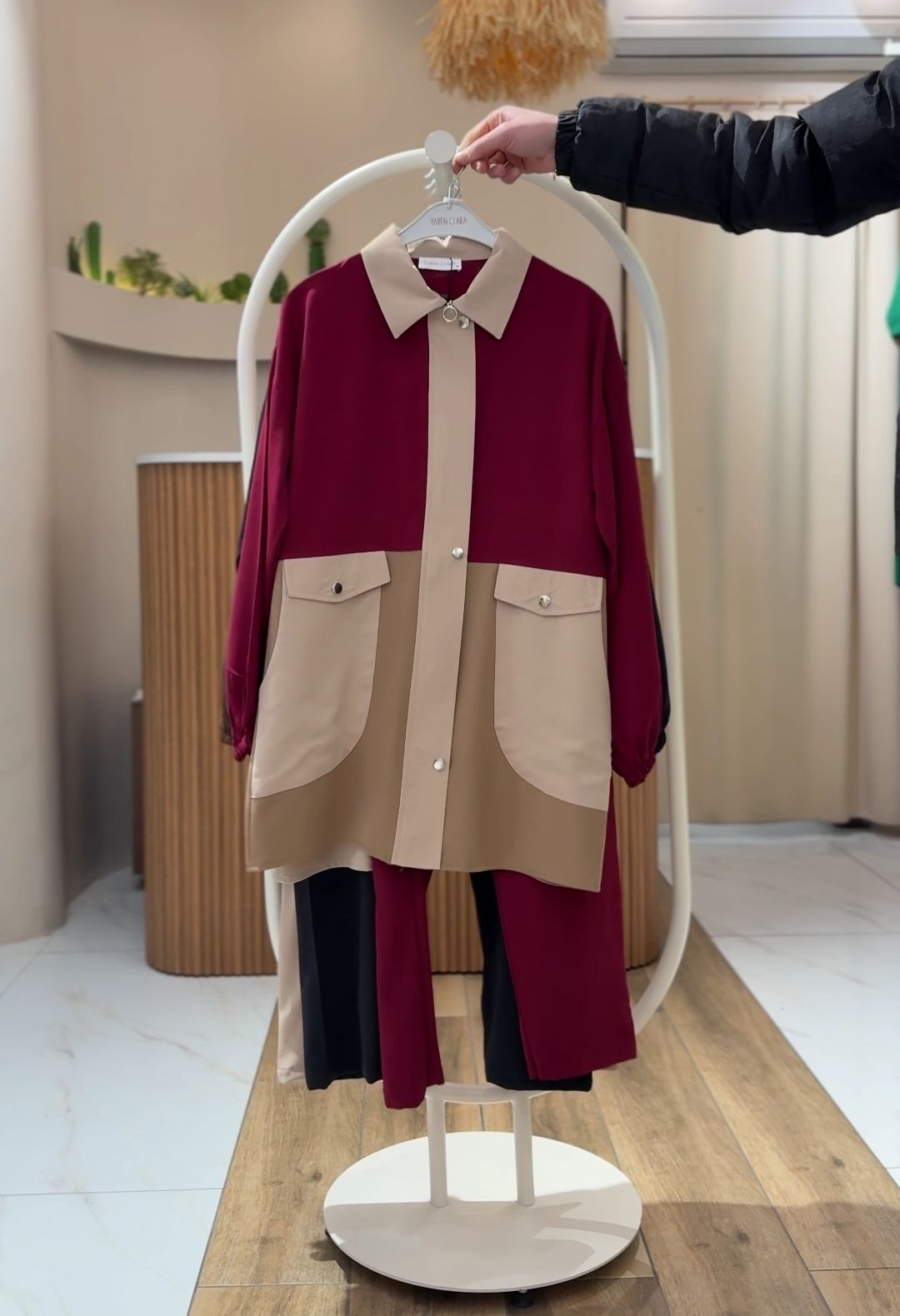 Renk Bloklu Tunik & Lastik Bel Pantolon Takımı BORDO - 38