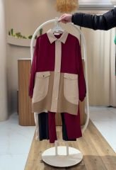 Renk Bloklu Tunik & Lastik Bel Pantolon Takımı BORDO - 44