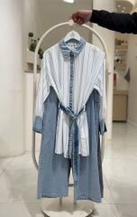 Denim Detaylı Çizgili İkili Takım