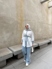 Denim Detaylı Çizgili İkili Takım