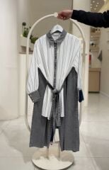 Denim Detaylı Çizgili İkili Takım