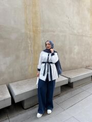 Denim Detaylı Çizgili İkili Takım