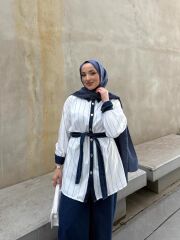 Denim Detaylı Çizgili İkili Takım
