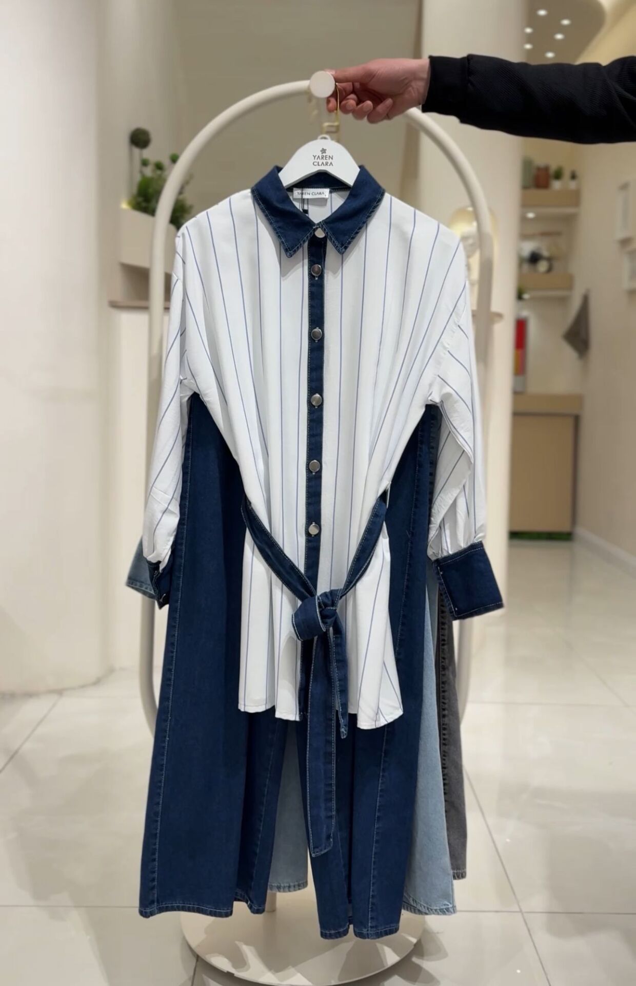 Denim Detaylı Çizgili İkili Takım