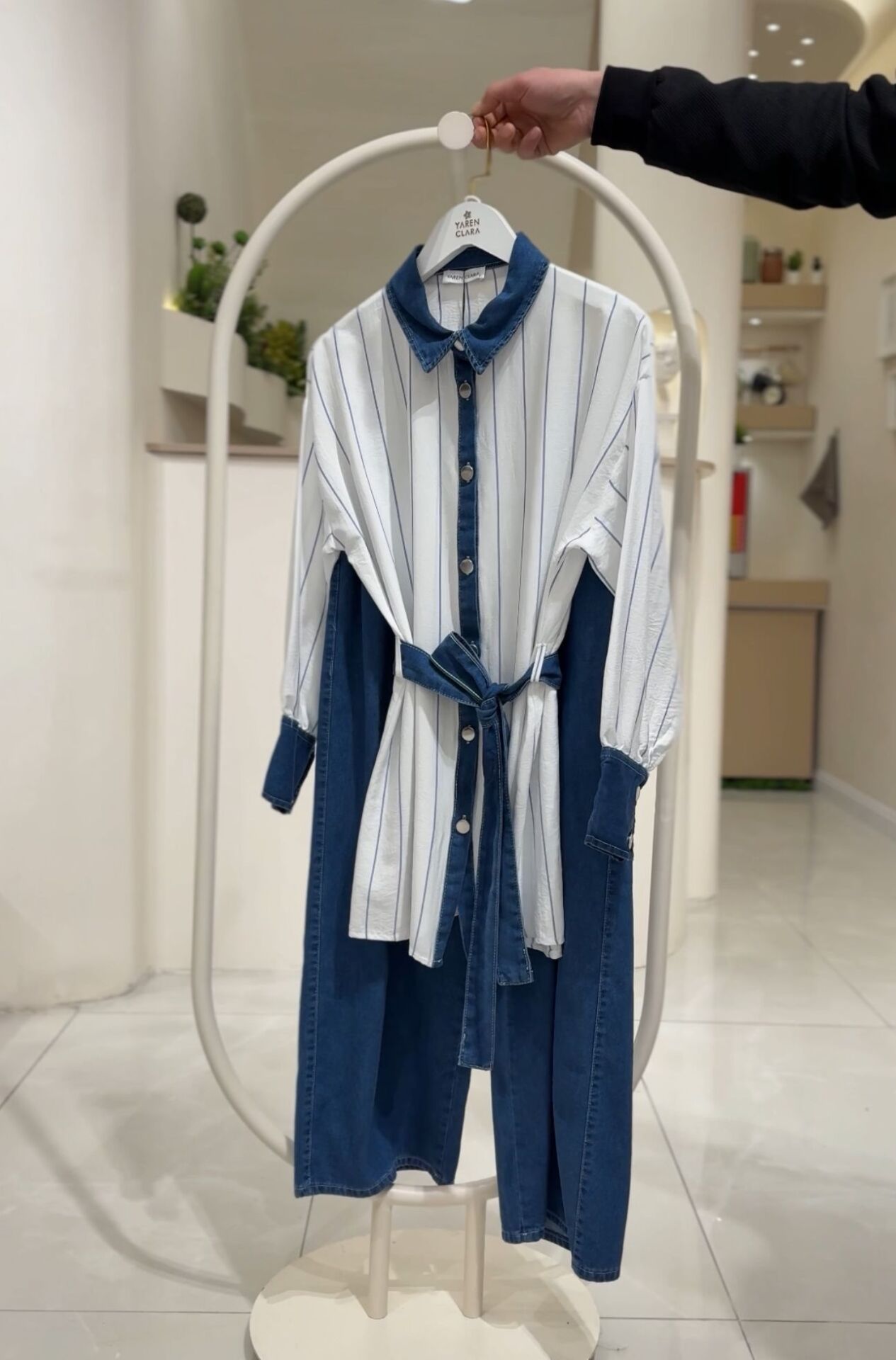 Denim Detaylı Çizgili İkili Takım AÇIK MAVİ - 46