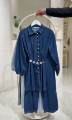 Pile Detaylı Kemerli Tesettür İkili Takım (Tunik + Pantolon) KOYU MAVİ - 46