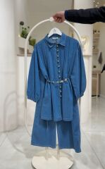 Pile Detaylı Kemerli Tesettür İkili Takım (Tunik + Pantolon) AÇIK MAVİ - 46