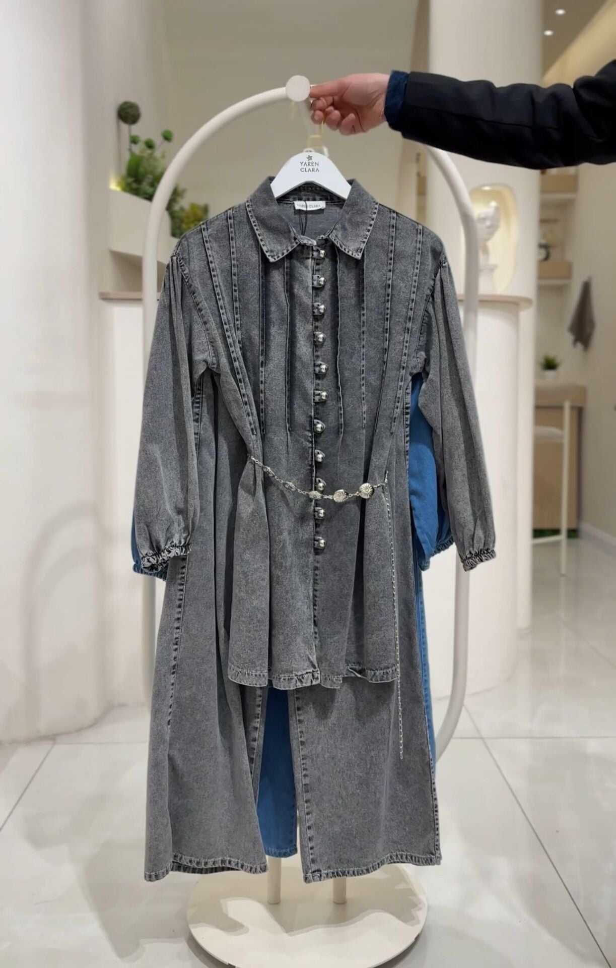 Pile Detaylı Kemerli Tesettür İkili Takım (Tunik + Pantolon) FÜME - 42-44