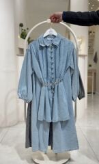 Pile Detaylı Kemerli Tesettür İkili Takım (Tunik + Pantolon) KAR YIKAMA - 42-44