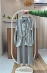 Taş Detaylı Bel Bağlamalı Etekli Tesettür Takım