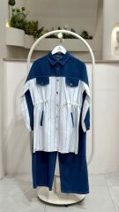 Denim Detaylı Çizgili Tesettür Takım (Gömlek Pantolon) – Yeni Sezon