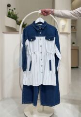 Denim Detaylı Çizgili Tesettür Takım (Gömlek Pantolon) – Yeni Sezon