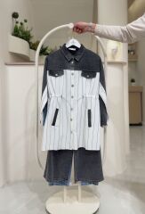 Denim Detaylı Çizgili Tesettür Takım (Gömlek Pantolon) – Yeni Sezon KOYU MAVİ - 38-40