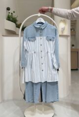 Denim Detaylı Çizgili Tesettür Takım (Gömlek Pantolon) – Yeni Sezon
