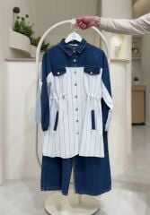 Denim Detaylı Çizgili Tesettür Takım (Gömlek Pantolon) – Yeni Sezon KOYU MAVİ - 42-44