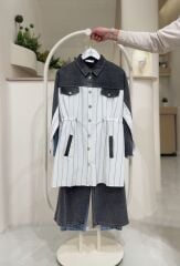Denim Detaylı Çizgili Tesettür Takım (Gömlek Pantolon) – Yeni Sezon FÜME - 42-44