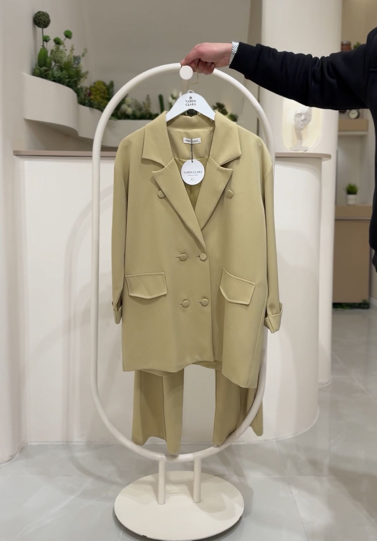 Yeni Sezon Blazer Ceket Pantolon Tesettür Takım YAĞ YEŞİLİ - 46