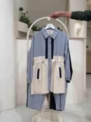 Renk Bloklu Bel Büzgülü Tunik Pantolon Takım VİZON - 38-40