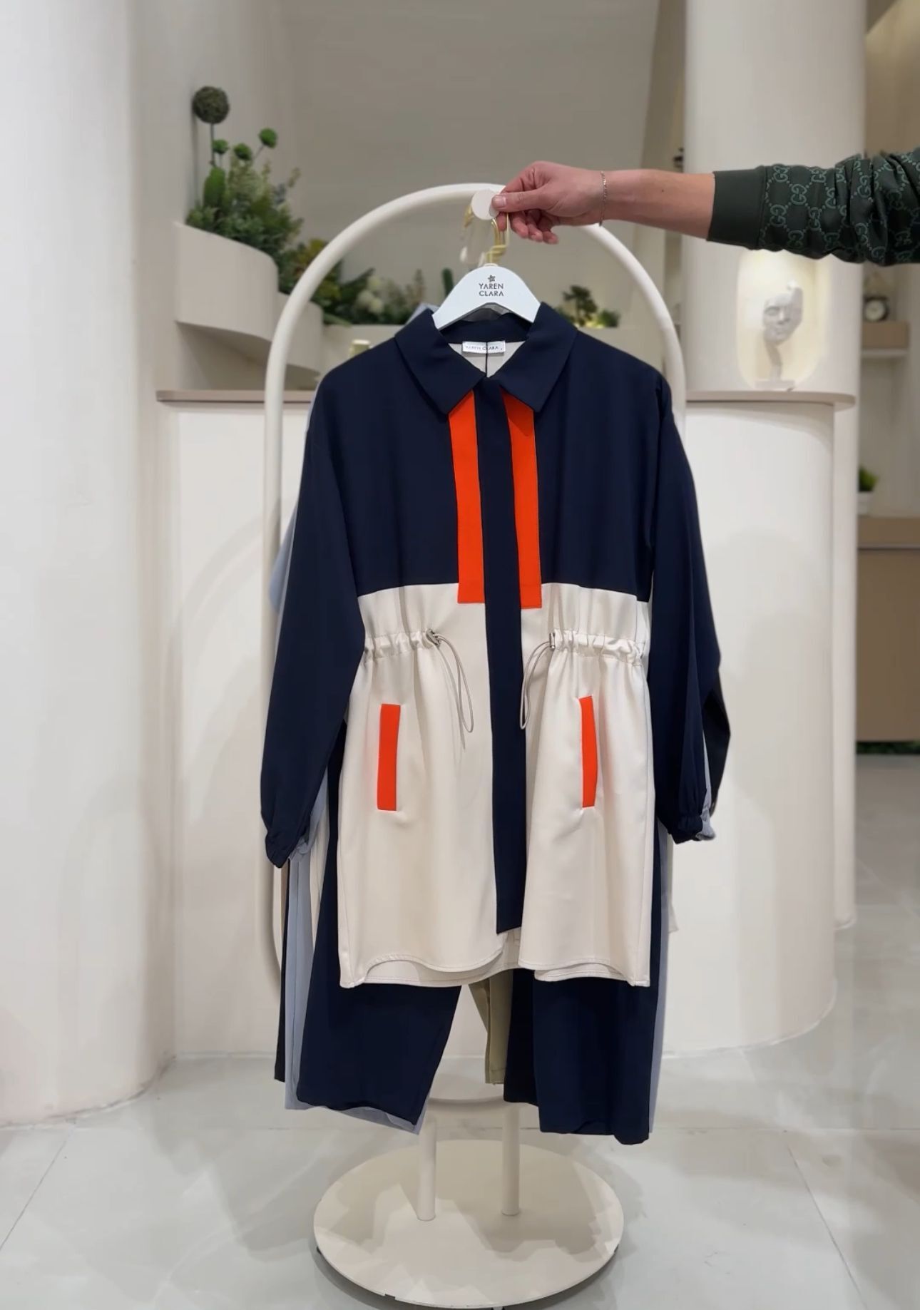 Renk Bloklu Bel Büzgülü Tunik Pantolon Takım