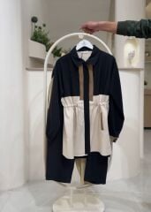 Renk Bloklu Bel Büzgülü Tunik Pantolon Takım