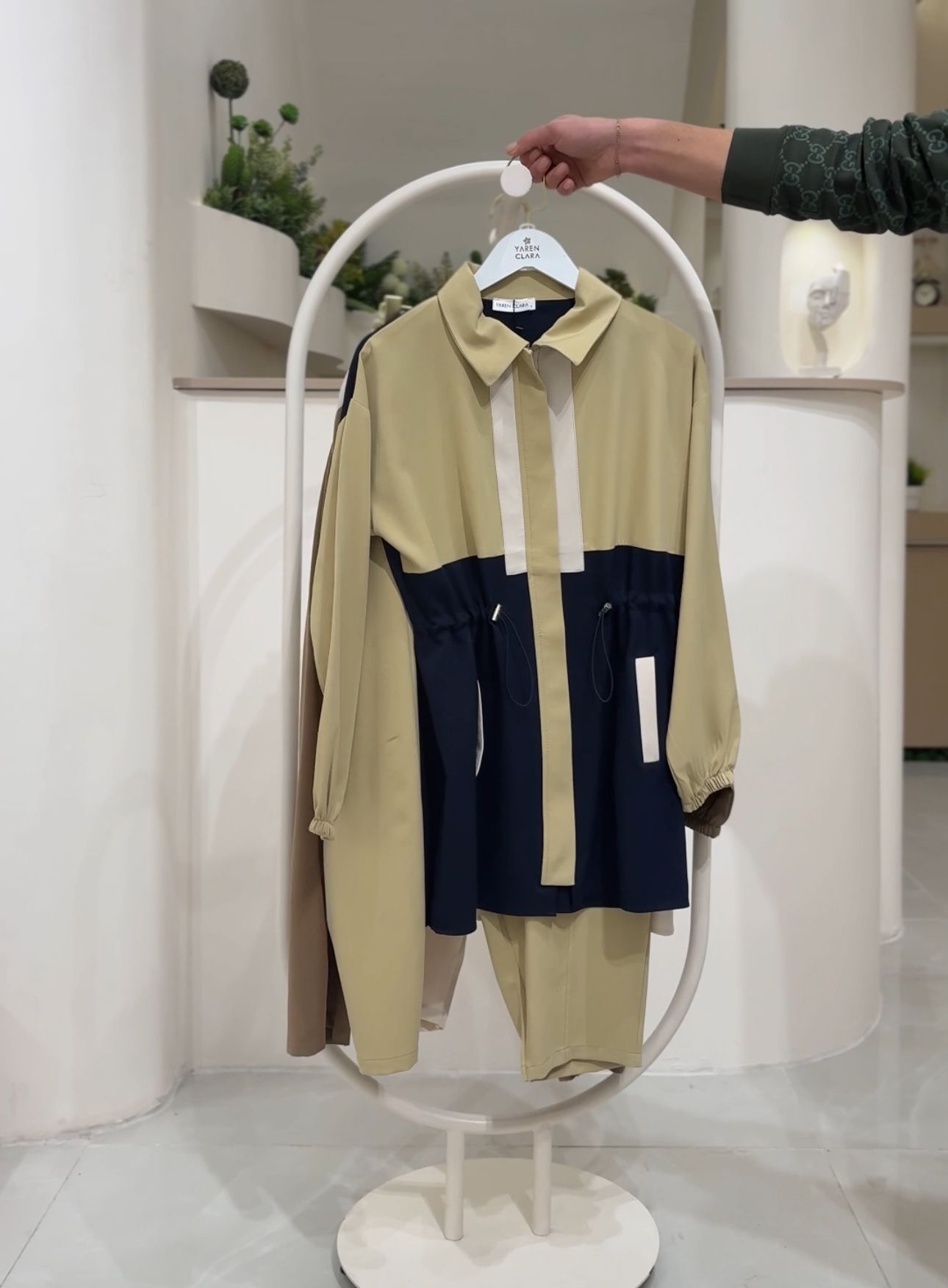 Renk Bloklu Bel Büzgülü Tunik Pantolon Takım YAĞ YEŞİLİ - 38-40