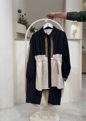 Renk Bloklu Bel Büzgülü Tunik Pantolon Takım SİYAH - 46
