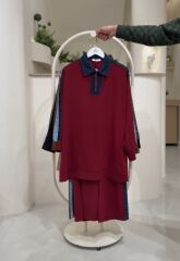 Modern Detaylı  Pantolon Takım – Fermuarlı Denim Yaka BORDO - 42-44