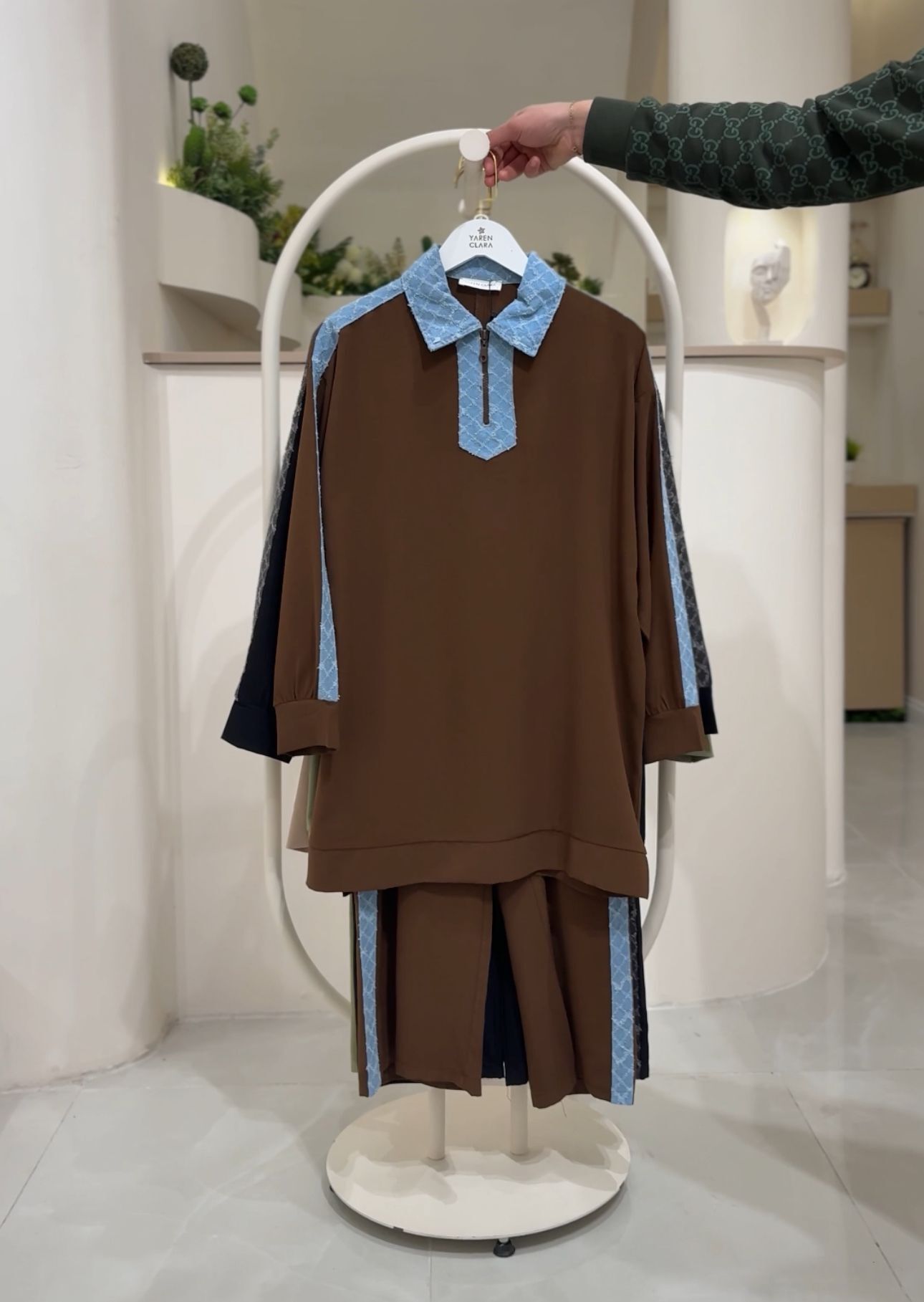 Modern Detaylı  Pantolon Takım – Fermuarlı Denim Yaka KAHVE - 38-40