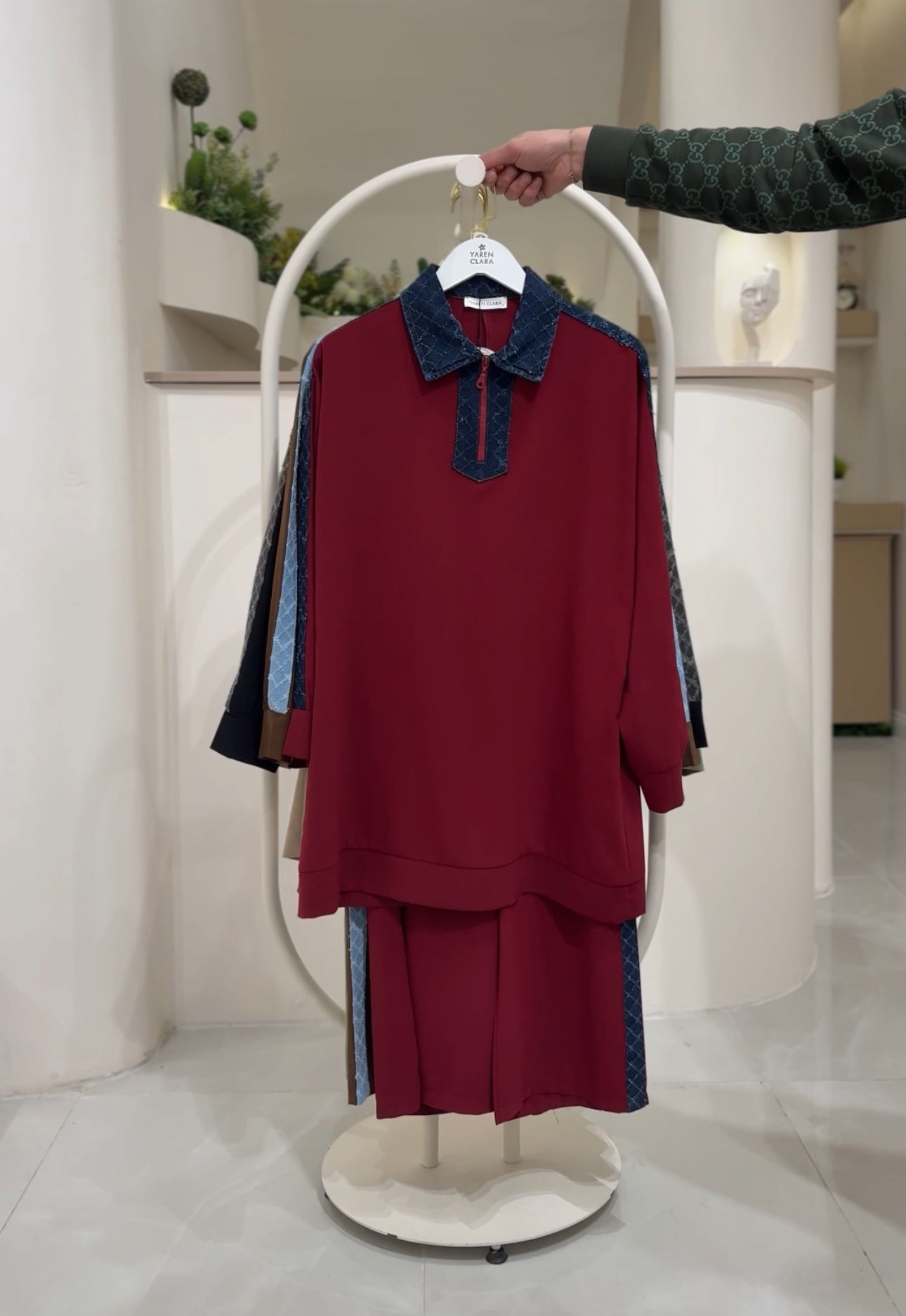 Modern Detaylı  Pantolon Takım – Fermuarlı Denim Yaka BORDO - 42-44