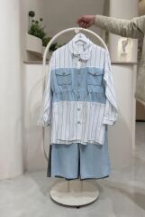 Çizgili Denim Detaylı Tunik Pantolon Takım