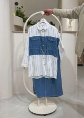 Çizgili Denim Detaylı Tunik Pantolon Takım
