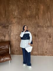 Çizgili Denim Detaylı Tunik Pantolon Takım