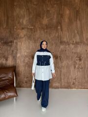 Çizgili Denim Detaylı Tunik Pantolon Takım