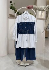 Çizgili Denim Detaylı Tunik Pantolon Takım KOYU MAVİ - 46