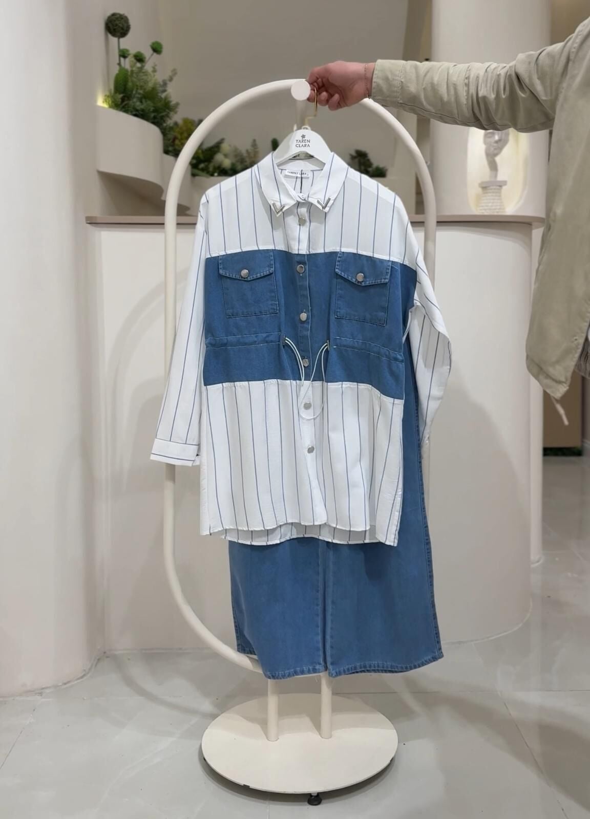 Çizgili Denim Detaylı Tunik Pantolon Takım AÇIK MAVİ - 42-44