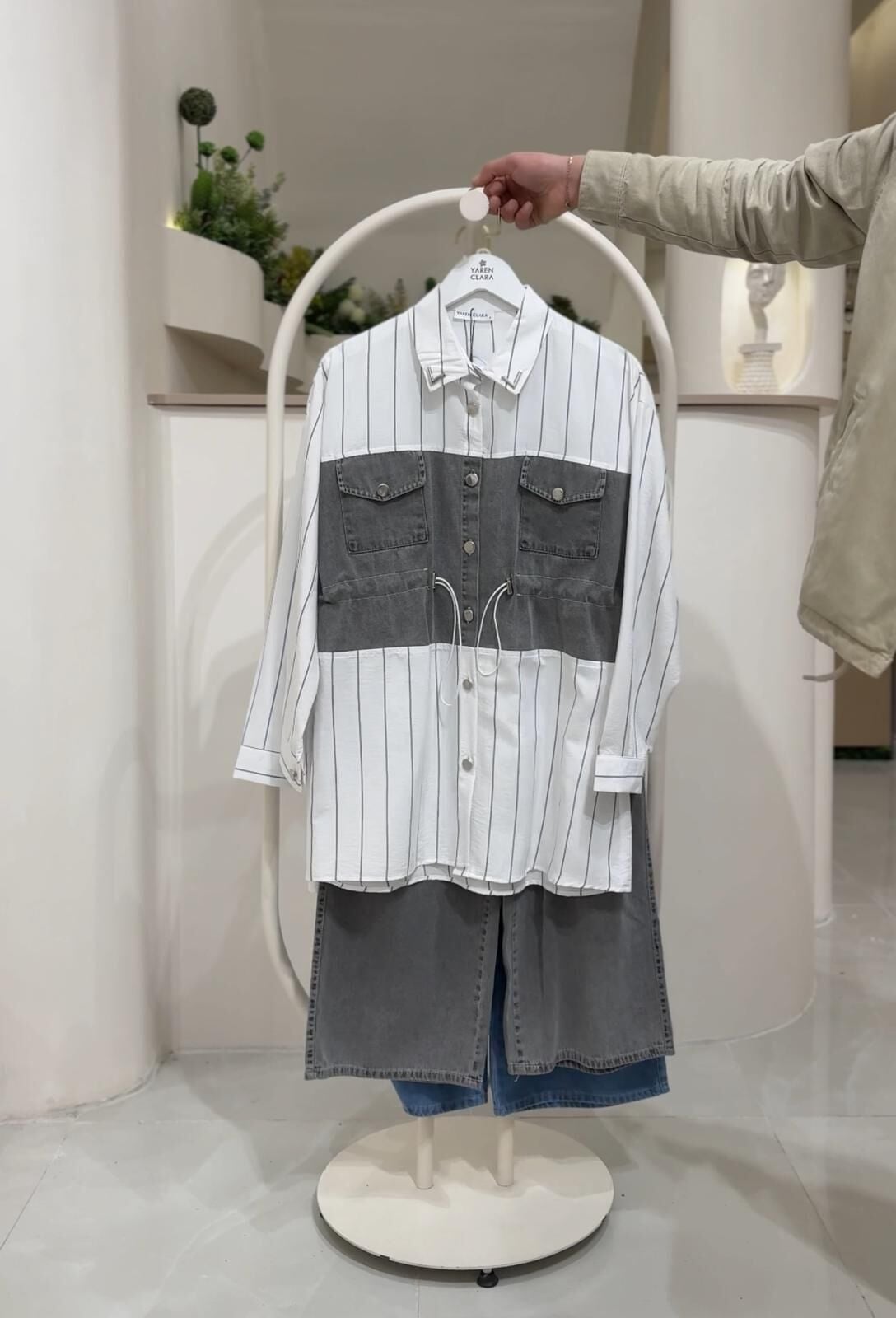 Çizgili Denim Detaylı Tunik Pantolon Takım FÜME - 46
