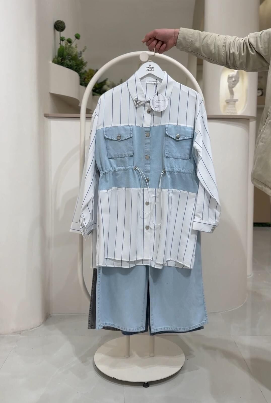 Çizgili Denim Detaylı Tunik Pantolon Takım KAR YIKAMA - 38-40