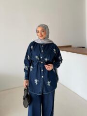 Taş Detaylı Denim Tunik Pantolon Takım FÜME - 46