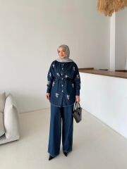 Taş Detaylı Denim Tunik Pantolon Takım FÜME - 46