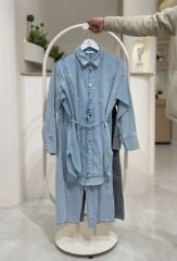 Taş Detaylı Denim Tunik Pantolon Takım