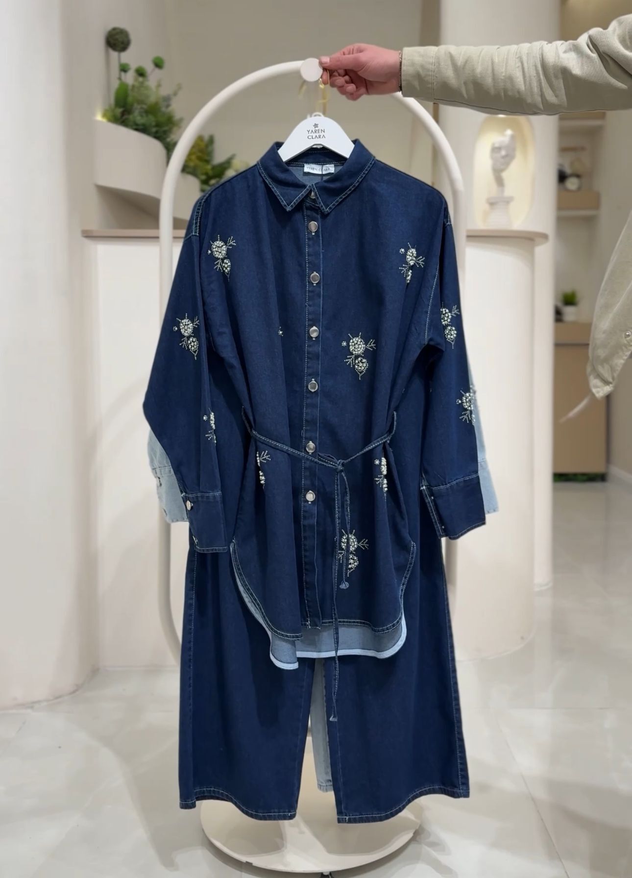 Taş Detaylı Denim Tunik Pantolon Takım KOYU MAVİ - 42-44