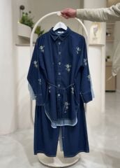 Taş Detaylı Denim Tunik Pantolon Takım KOYU MAVİ - 42-44