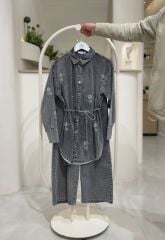 Taş Detaylı Denim Tunik Pantolon Takım FÜME - 42-44