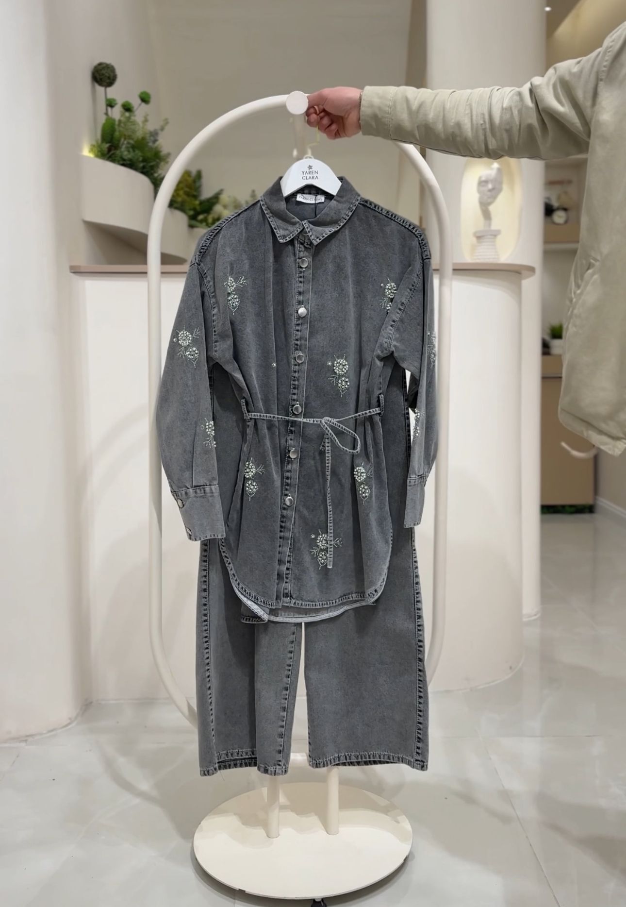 Taş Detaylı Denim Tunik Pantolon Takım FÜME - 46